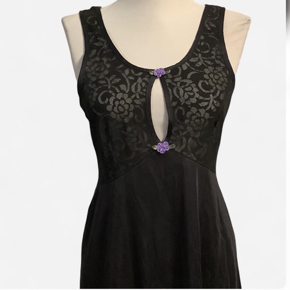 Sexy Vintage Chemise Black Lace Peek a Boo Bodice Sheer Nylon Long Gown - Picture 2 of 11